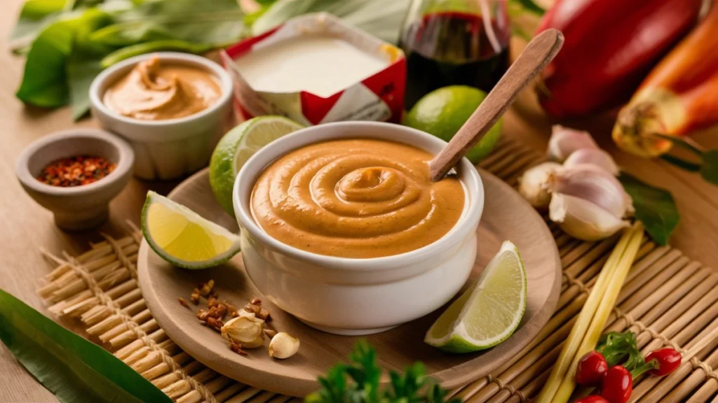 Creamy Thai peanut sauce in a white bowl with lime, coconut milk, peanut butter, and chili flakes on a wooden surface.