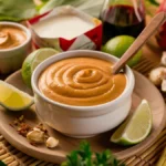 Creamy Thai peanut sauce in a white bowl with lime, coconut milk, peanut butter, and chili flakes on a wooden surface.