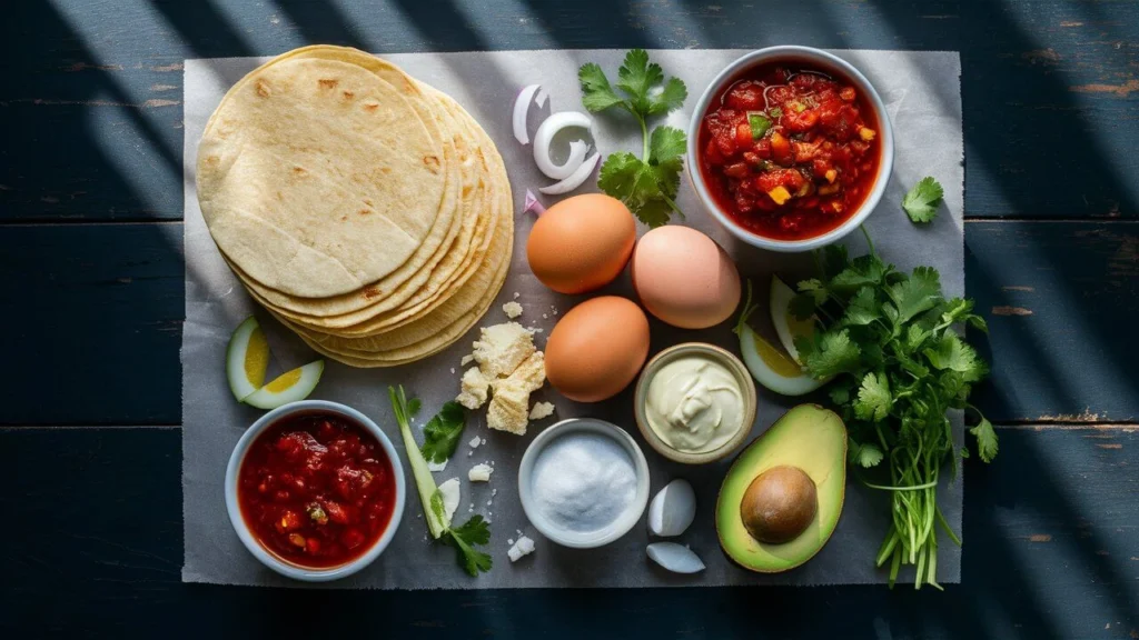 Ingredients for chilaquiles including tortillas, salsa, eggs, avocado, crema, and cheese