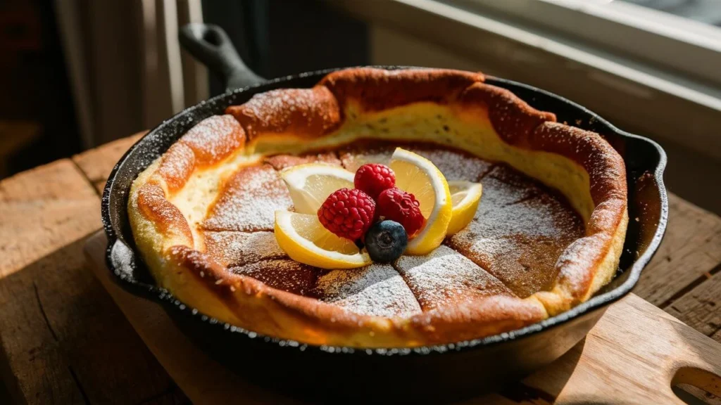 Fluffy oven-baked German pancake in cast iron skillet topped with powdered sugar and berries
