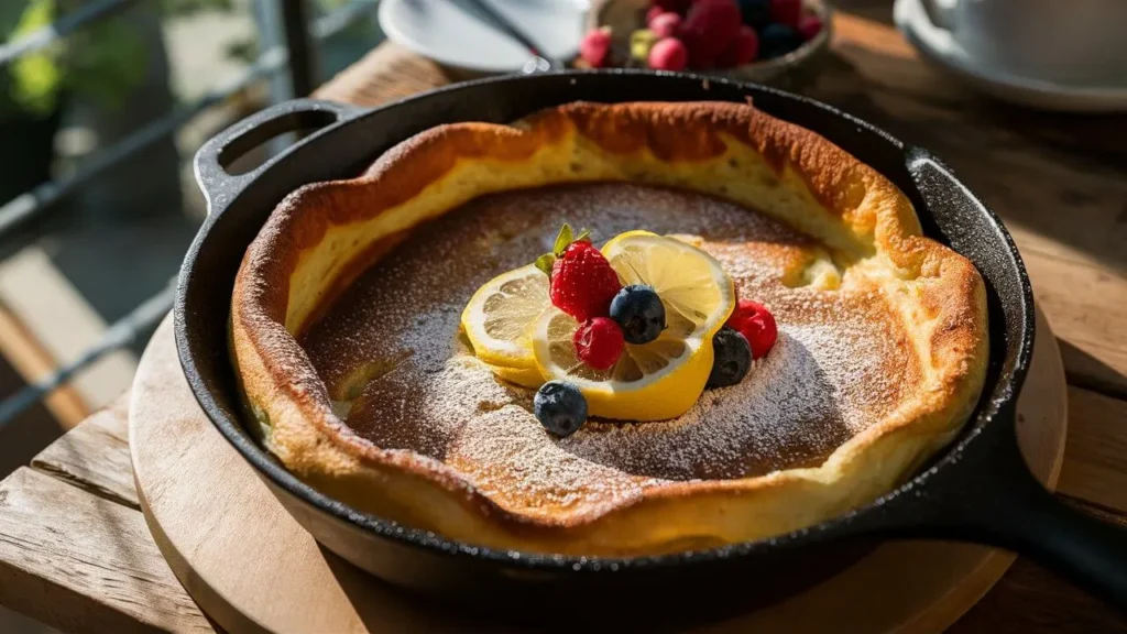 Fluffy German pancake in a cast iron skillet topped with powdered sugar and berries