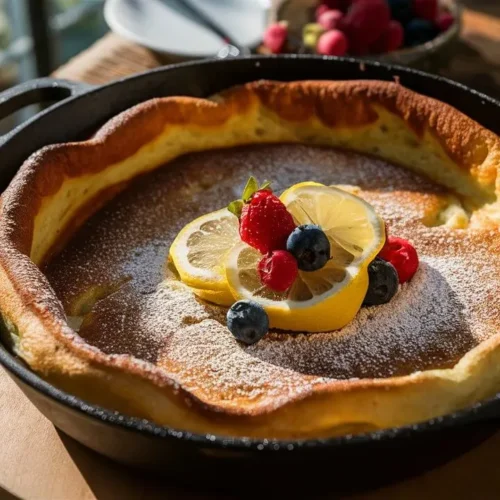 Fluffy German pancake in a cast iron skillet topped with powdered sugar and berries