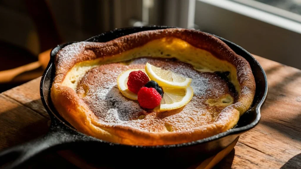 Golden and fluffy German pancake in cast iron skillet with powdered sugar and fresh berries