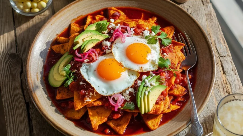 Chilaquiles with fried tortillas, eggs, red salsa, avocado, and crema on a plate
