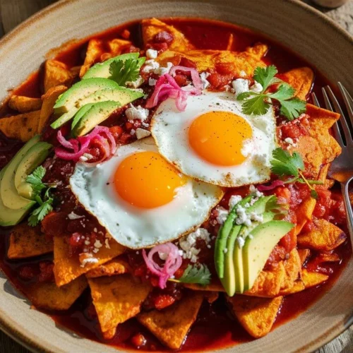 Chilaquiles with fried tortillas, eggs, red salsa, avocado, and crema on a plate
