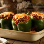 Old fashioned stuffed bell peppers filled with ground beef, rice, and tomato sauce in a baking dish