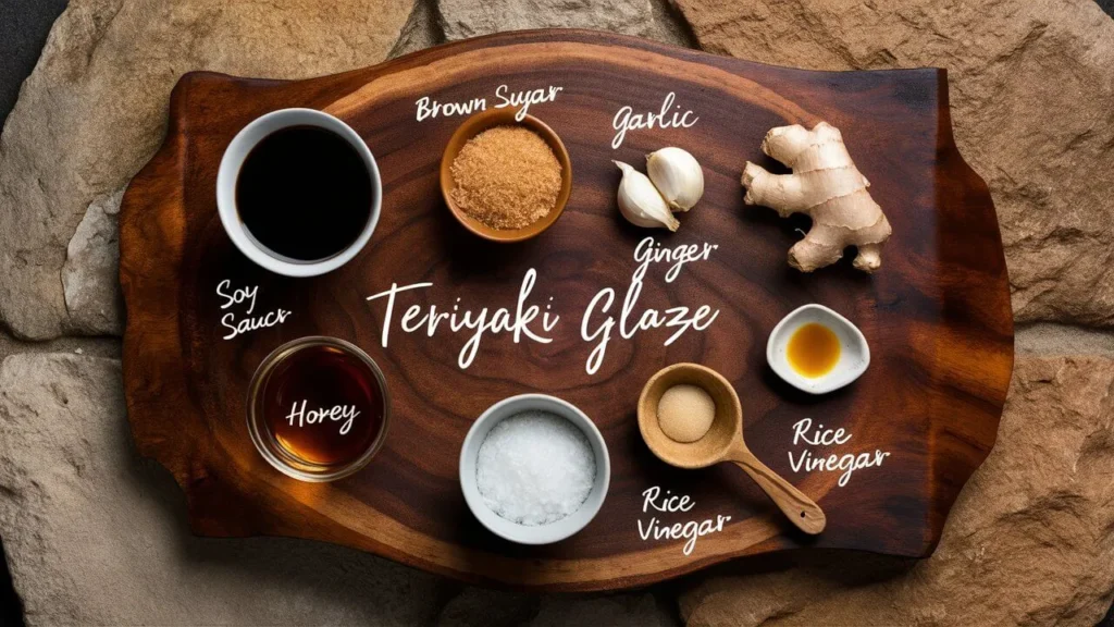 Ingredients for easy teriyaki glaze laid out on a rustic table