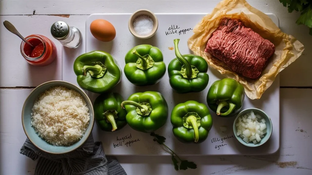 Ingredients for old fashioned stuffed bell peppers including green peppers, ground beef, rice, onion, tomato sauce, and egg