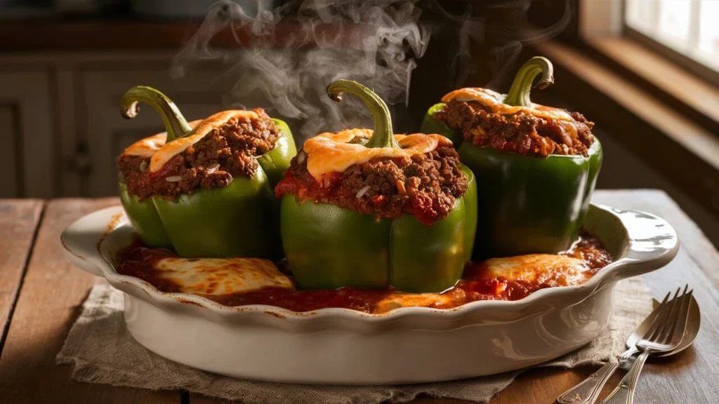 Old fashioned stuffed bell peppers baked with ground beef, rice, and tomato sauce, served in a rustic casserole dish