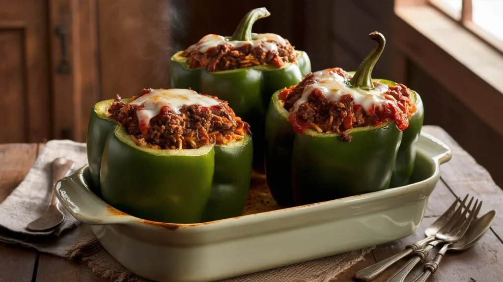 Baked old fashioned stuffed bell peppers filled with ground beef, rice, and tomato sauce in a ceramic dish