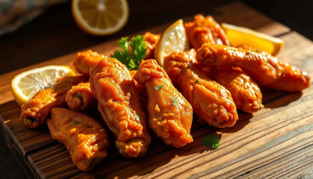 Crispy boneless chicken wings glazed in a spicy sauce, served on a white plate with celery sticks and ranch dressing.