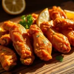 Crispy boneless chicken wings glazed in a spicy sauce, served on a white plate with celery sticks and ranch dressing.