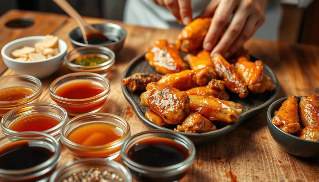 Chicken chunks being dipped into flour and egg mixture for breading before frying or baking.