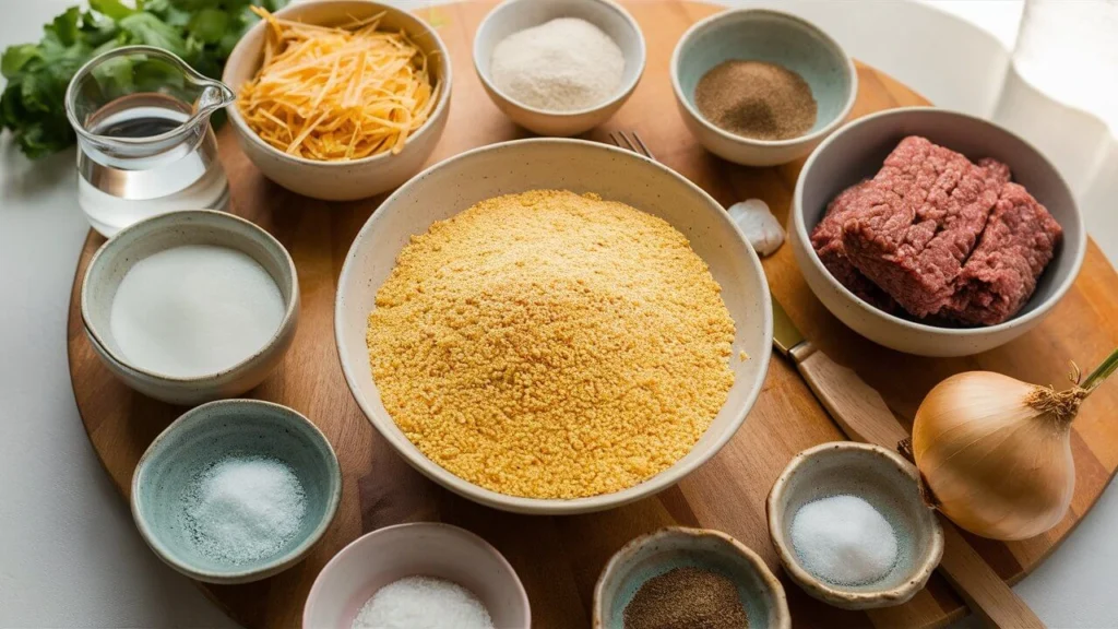 Flat lay of raw ingredients for cornmeal cakes with cheese and beef