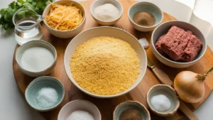 Flat lay of raw ingredients for cornmeal cakes with cheese and beef