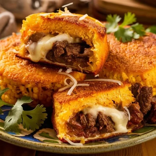Golden-brown cornmeal cakes filled with melted cheese and seasoned beef, served with avocado and salsa on a rustic plate
