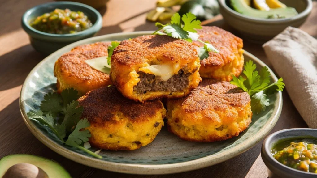 Golden cornmeal cakes filled with cheese and beef, served with salsa and avocado