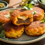 Golden cornmeal cakes filled with cheese and beef, served with salsa and avocado