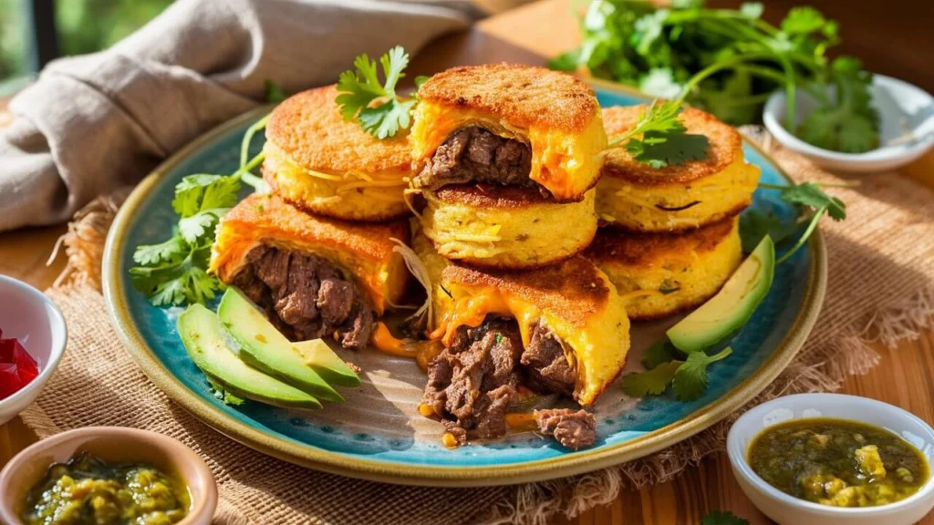 Homemade cornmeal cakes cut open to reveal melted cheese and seasoned beef filling, served on a rustic plate with fresh herbs and salsa
