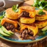Homemade cornmeal cakes cut open to reveal melted cheese and seasoned beef filling, served on a rustic plate with fresh herbs and salsa