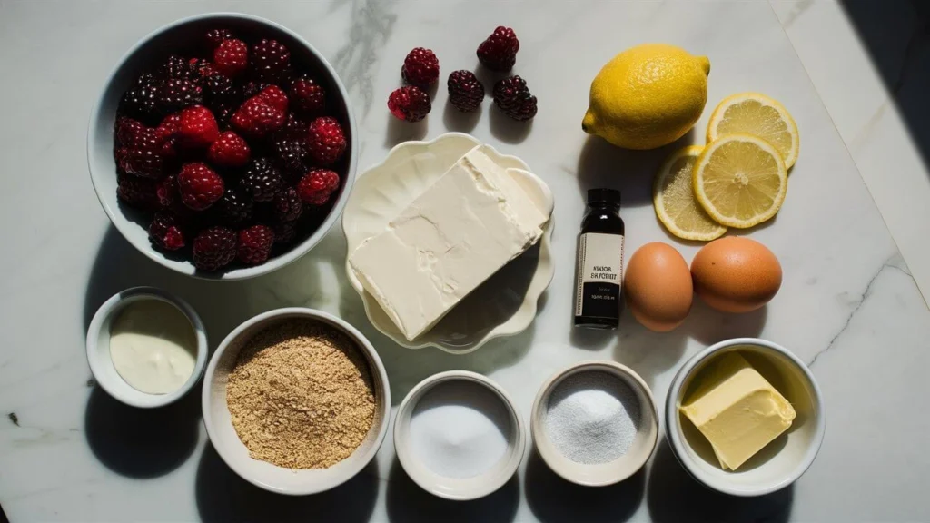 Flat lay of ingredients for blackberry cheesecake, including cream cheese, blackberries, eggs, sugar, and lemon.