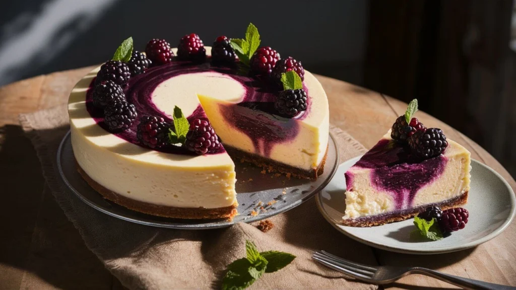 A whole blackberry cheesecake with a rich cream cheese filling, blackberry swirl, and fresh berries on top.