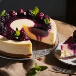 A whole blackberry cheesecake with a rich cream cheese filling, blackberry swirl, and fresh berries on top.