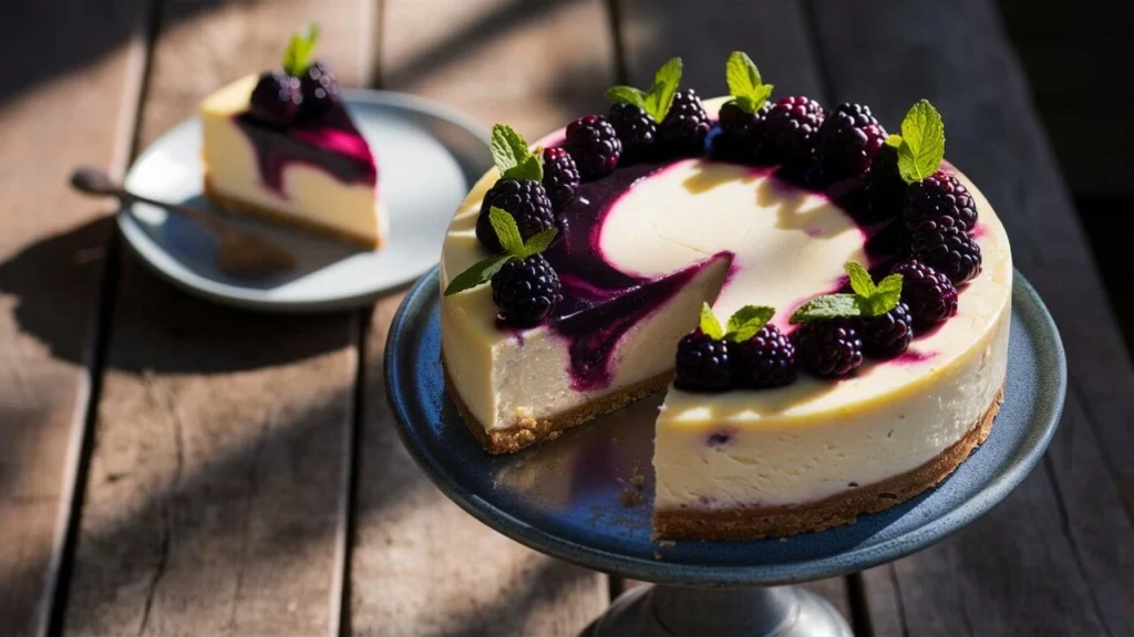 Slice of blackberry cheesecake with a berry swirl and fresh blackberry topping on a white plate.