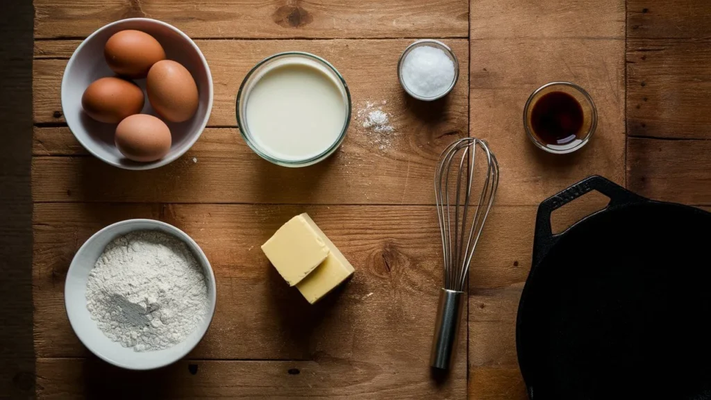 German pancake ingredients on wooden counter: eggs, flour, milk, butter, salt, vanilla
