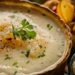 Creamy garlic parmesan sauce served over pan-seared chicken with fresh parsley garnish on a rustic plate.