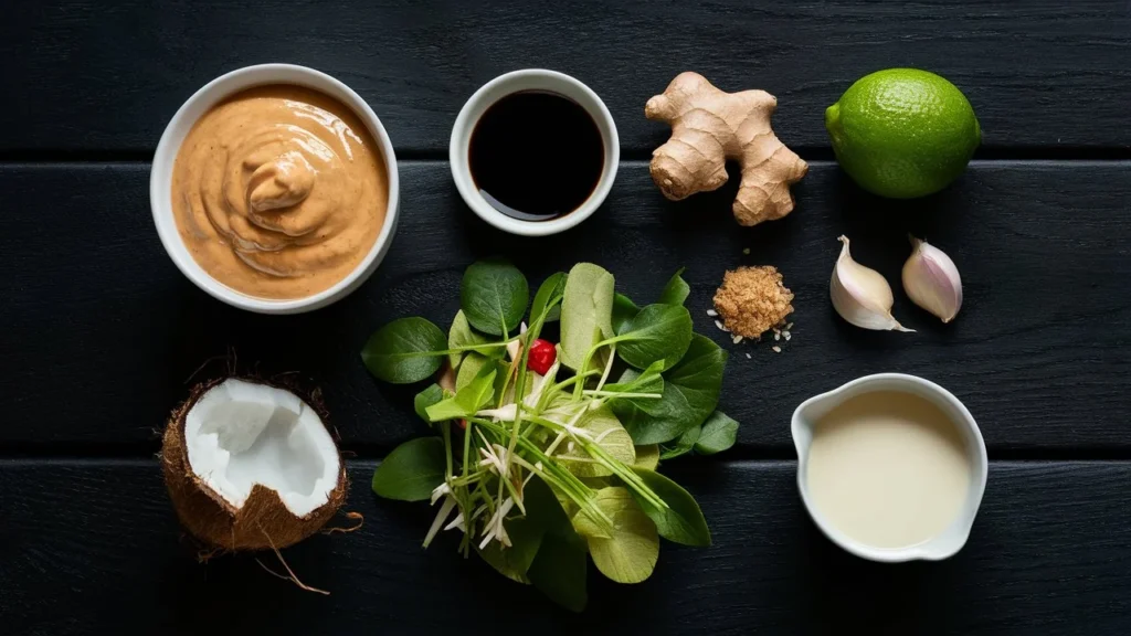 Flat lay of Thai peanut sauce ingredients on a wooden surface
