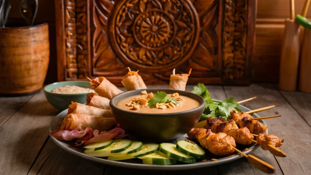Bowl of creamy Thai peanut sauce with grilled chicken and fresh vegetables