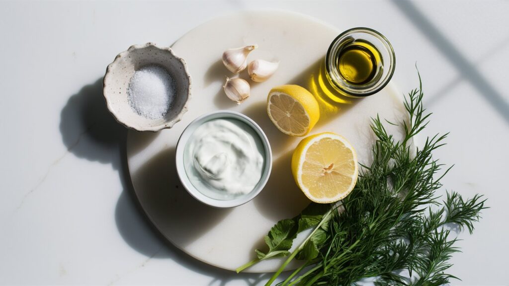 Ingredients for Greek yogurt garlic sauce arranged on a marble surface